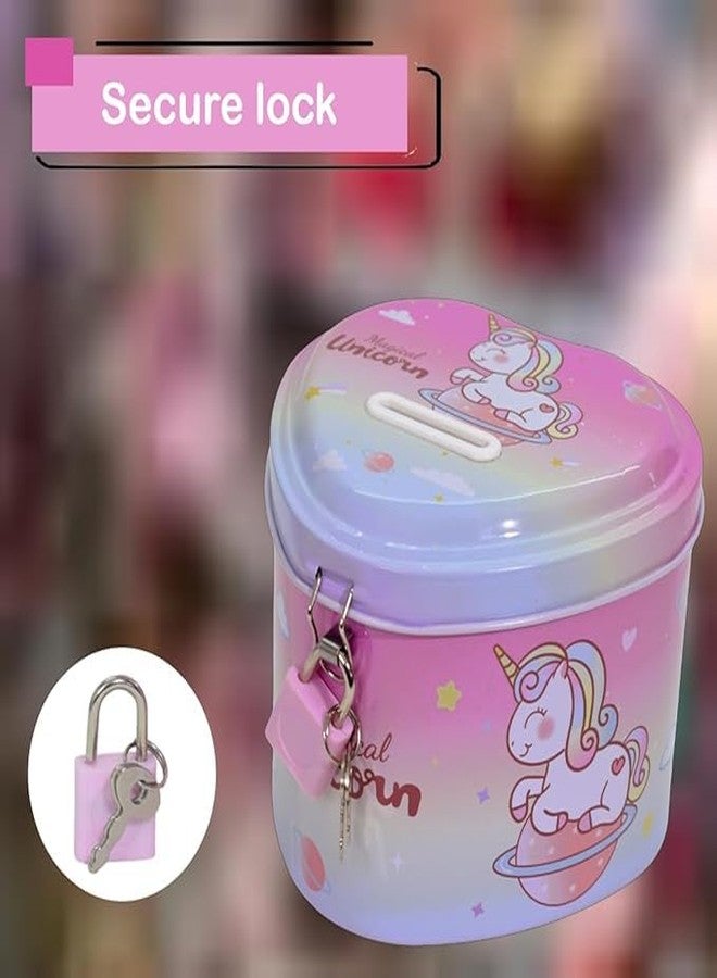 RETRIX Space-Themed Metal Heart Shape Piggy Money Bank Gullak for Kids with Lock and Key, Coin Savings Box for Boys & Girls, Perfect Birthday Return Gift (Unicorn Pink) - Image 3